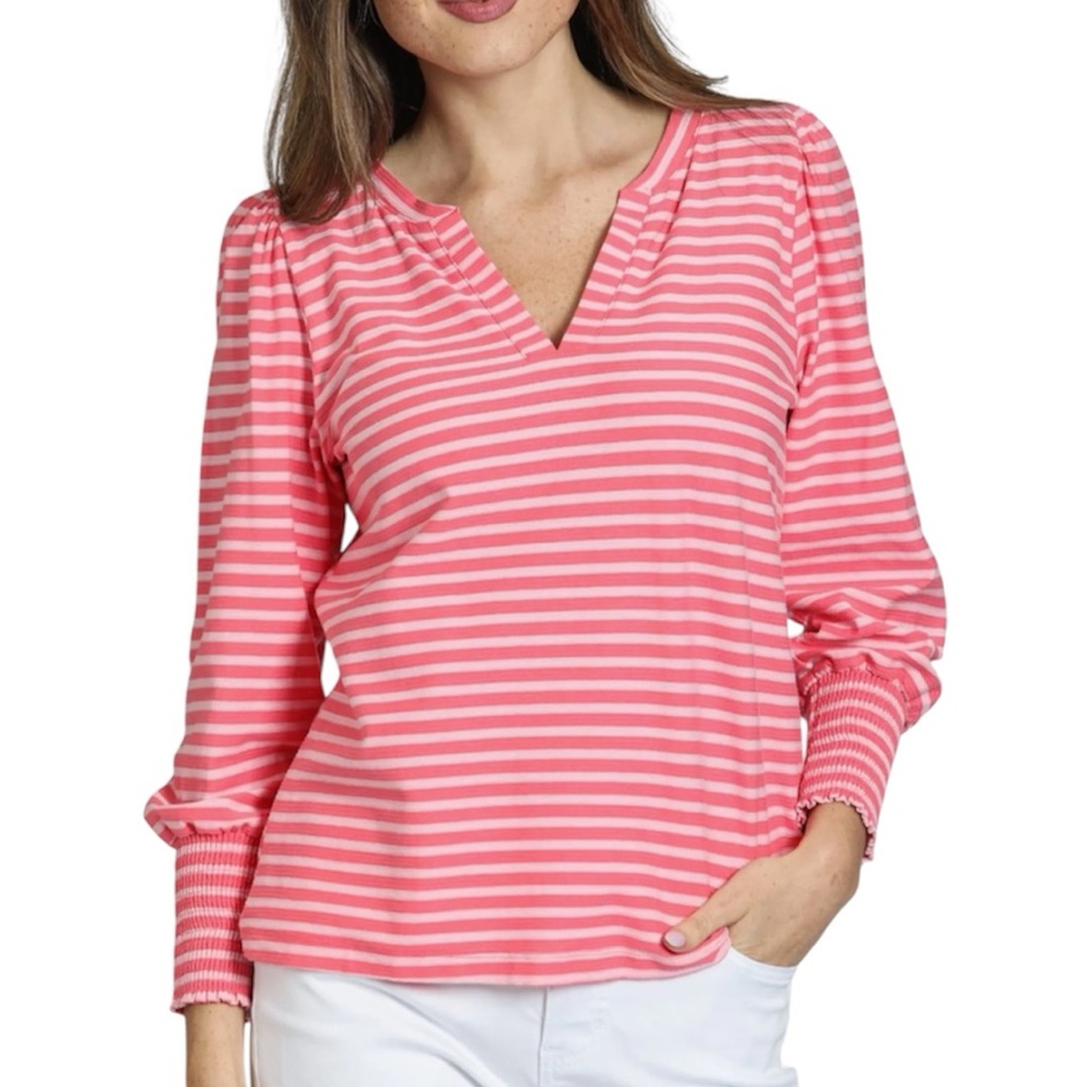 APNY Stripe Puff Shoulder Top Sz XL Pink Coral NWT